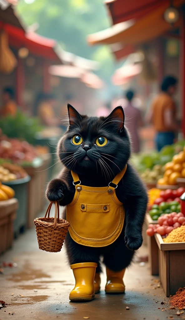 Create an image of a chubby, cute silky black cat walking through a bustling Indonesian market. The cat, wearing yellow rubber boots and an apron, holds a shopping basket in one paw. The market is lively with vibrant stalls and people all around. The cat has a confused expression as if it forgot what it wanted to buy. The scene captures the charm of a traditional Indonesian market with the adorable cat at its center, looking slightly lost amidst the colorful surroundings.