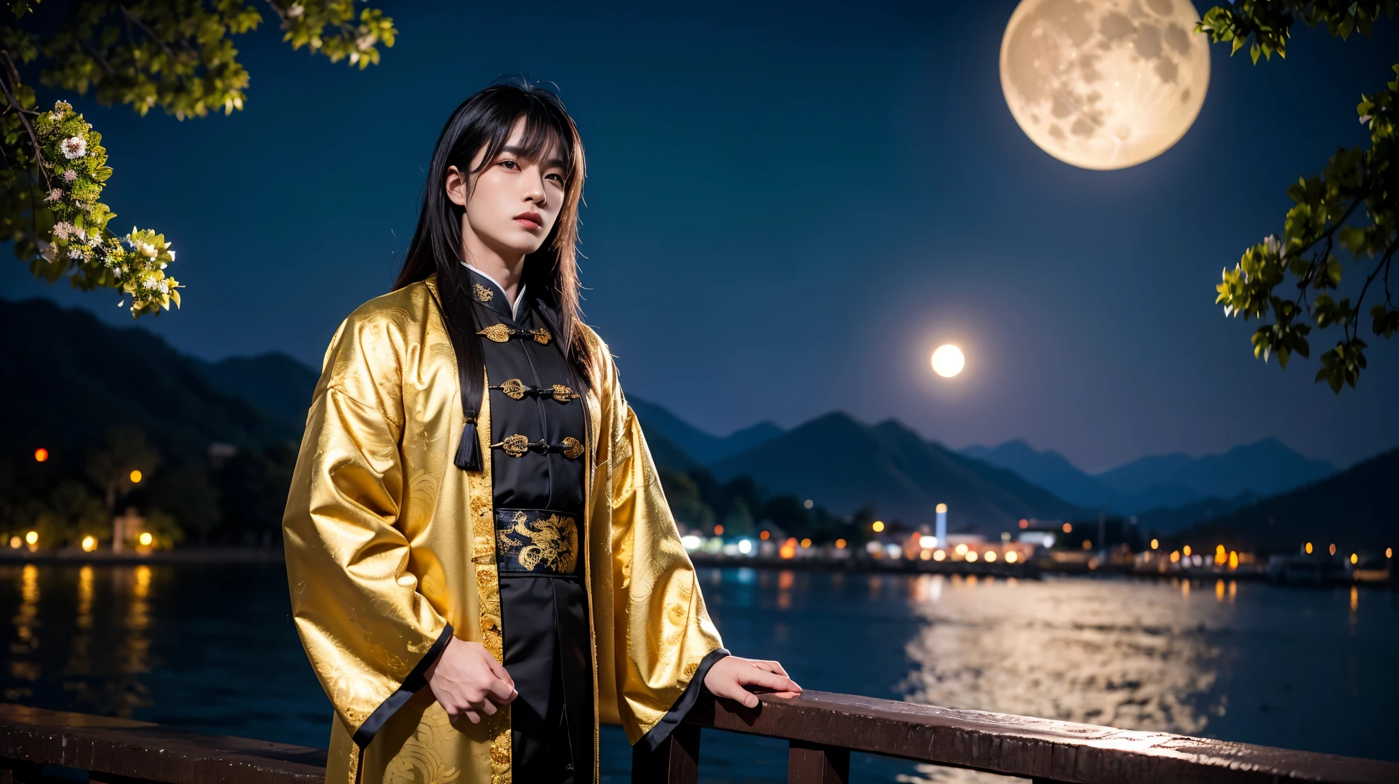 masterpiece, Highest quality, Outdoor, night, full moon, Lakeside, branch, 1 person, Mature Men, Chinese style, ancient China, Black Hair, Iris, Forked Hair, Long Hair, Long Bangs, good looking, good looking, Masculine, kind, expensive, Calm, Black and gold mix outfit, Golden pattern, Dragon pattern, prince,