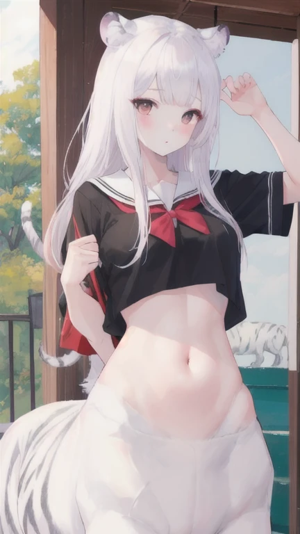 (best quality, masterpiece), 1 girl, centaur, I beg, White skin, Korean girl,daught pink, exposing the abdomen, belly button t-shirt , beautiful girl perfect, White tiger photo, 완벽한 White tiger photo