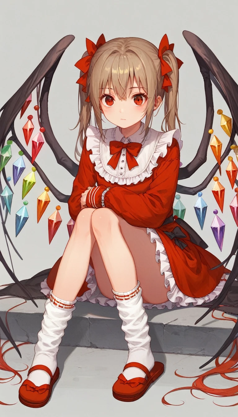 1girl,ankle_socks,bobby_socks,bow_(weapon),crossed_ankles,frilled_dress,frilled_legwear,frilled_skirt,frills,full_body,gohei,knees_up,legs,legs_together,legs_up,loose_socks,lower_body,no_shoes,red_dress,red_skirt,sitting,skirt,socks,solo,tabi,white_legwear,wings,flandre_scarlet