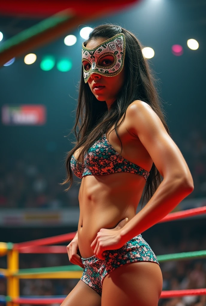 Sexy wrestler with large breasts in a ring, exotic mask, showing abdomen, Of Mexican nationality and with great pride in her country. 15 years, Pale skin, slim