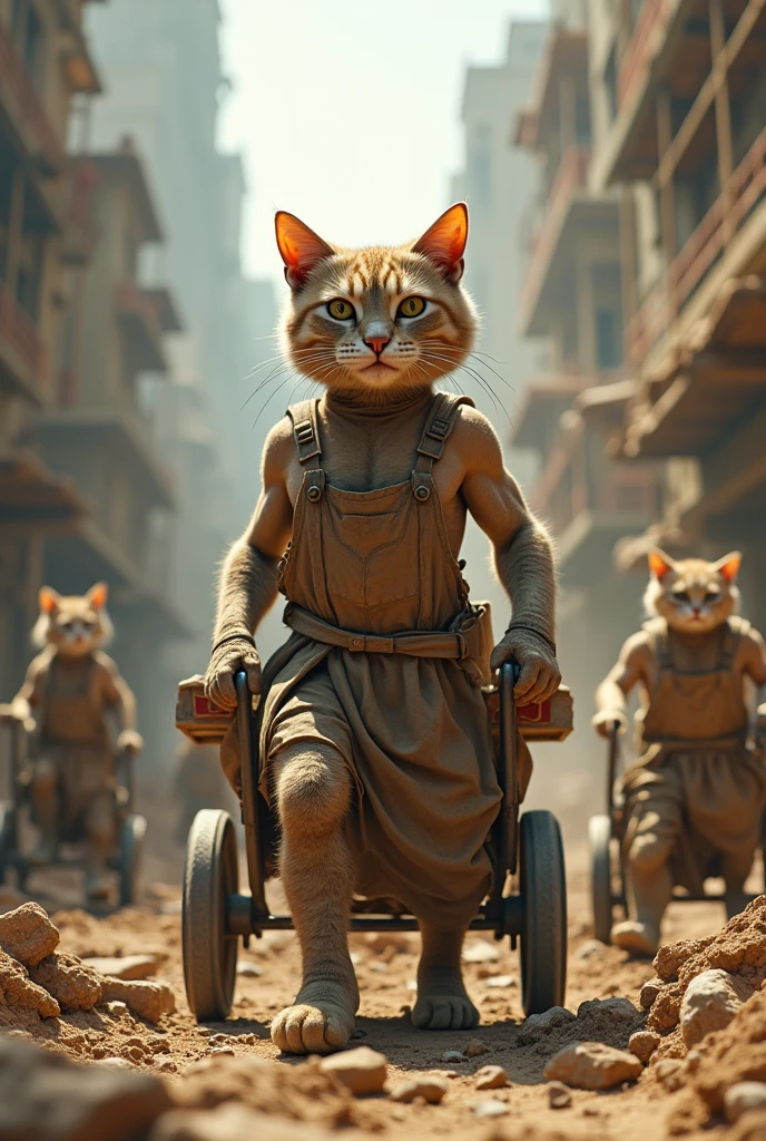 Here’s a refined prompt for your scene:
**Prompt:**
Create a realistic, full-body, ultra-detailed scene in 4K/8K resolution. In a city under construction, a muscular cat in a dirty, tattered dress works hard, holding a cart with a sad expression. Nearby, other cats in wheelchairs and work attire are busy with construction tasks. The scene should reflect the challenging work environment and the cat’s sense of determination despite the tough circumstances. The background should include construction elements such as scaffolding, tools, and building materials, emphasizing the industrious, gritty atmosphere.