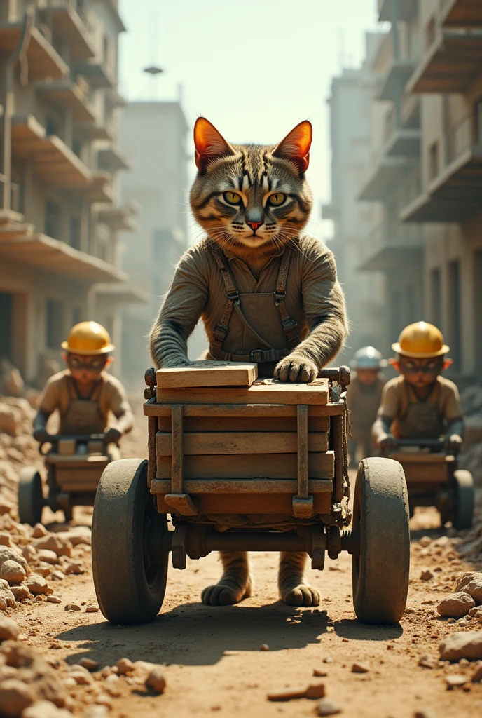 Here’s a refined prompt for your scene:
**Prompt:**
Create a realistic, full-body, ultra-detailed scene in 4K/8K resolution. In a city under construction, a muscular cat in a dirty, tattered dress works hard, holding a cart with a sad expression. Nearby, other cats in wheelchairs and work attire are busy with construction tasks. The scene should reflect the challenging work environment and the cat’s sense of determination despite the tough circumstances. The background should include construction elements such as scaffolding, tools, and building materials, emphasizing the industrious, gritty atmosphere.