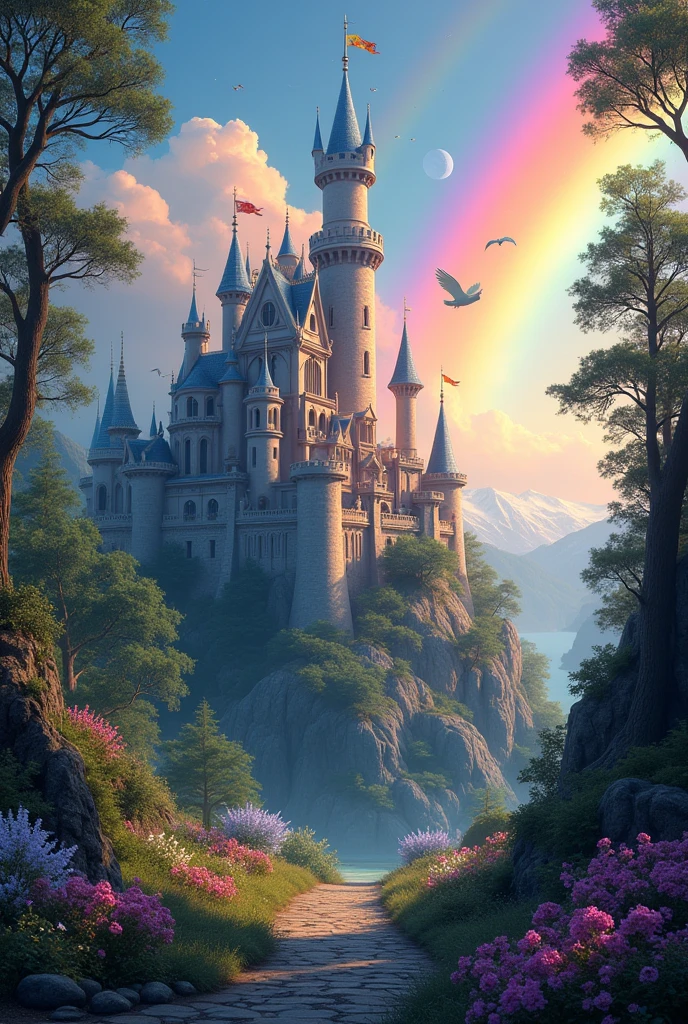 magic princess castle, fantasy kindle in the woods, colors of the rainbow 