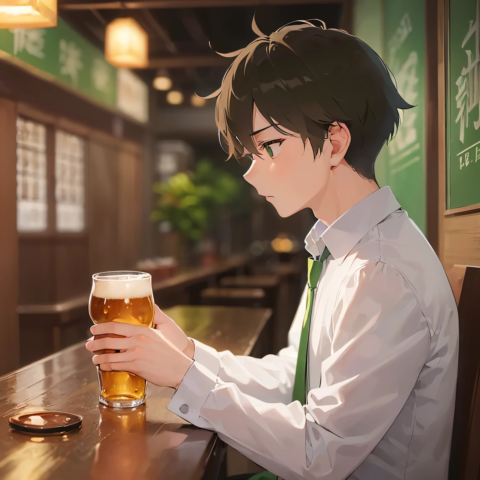 (looking away:1.5),upper body、profile、I have a beer、
shiny skin, masterpiece、Highest quality、
(25-year-old male:1.5) and (Brown short hair) and (Green Eyes), 
 BREAK (white collared shirt) and (Green tie)、
sad,worried、The background is also the inside of a night izakaya.、(alone:1.5)