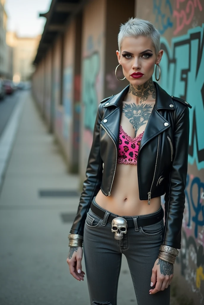 russian old milf woman, biker gang member, short grey combed back with a lot of hair gel, with very light blue eyes, extremely pale, heavy eye shadows. Thin. Sad, humbled face, smeared excessive make up and smeared excessive dark red lipstick Wearing cropped black moto jacket, neon pink leopard print bra, skinny black jeans and white tennis sneakers. Lots of metallic bracelets. Visible thong straps .Big pentacle pendant. Tacky wide belt with massive skull and bones buckle . Demonic tattoos, on belly too. Piercing in belly button. Lots of rings and ethnic bracelets. Wide loop earrings. Looks at the camera with pouty expression. Toned six pack abs, long neck, thin arms and legs. Shoulders leaning on wall, separated legs
