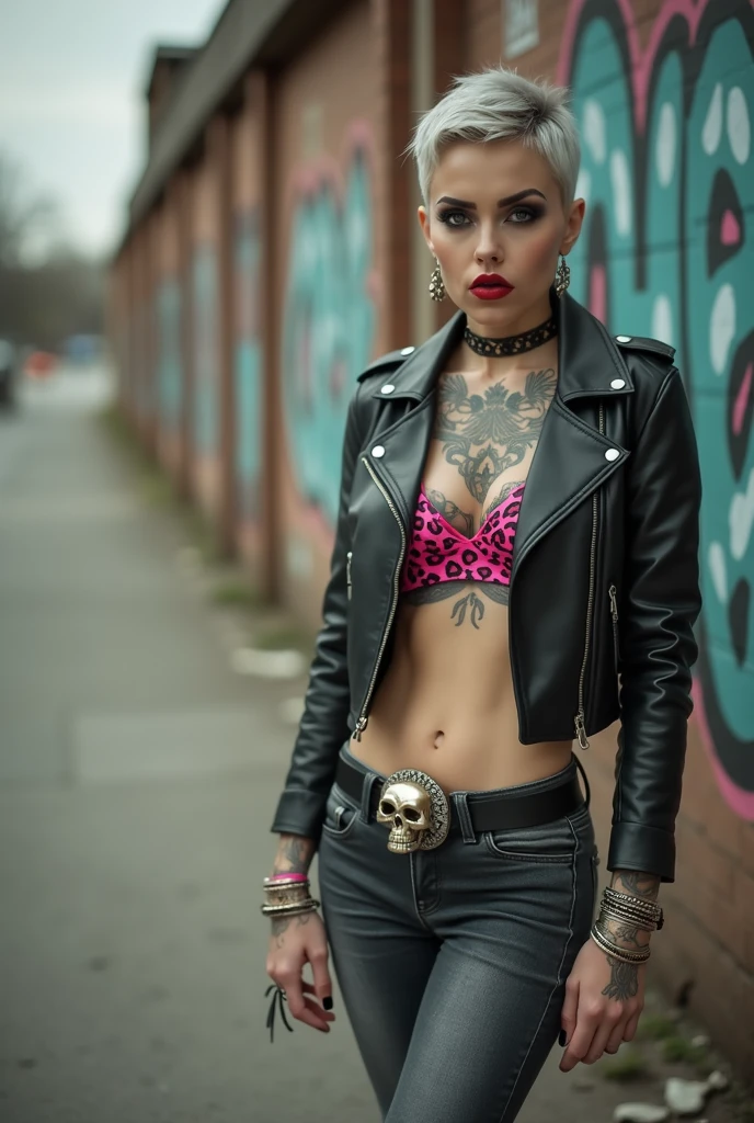 russian old milf woman, biker gang member, short grey combed back with a lot of hair gel, with very light blue eyes, extremely pale, heavy eye shadows. Thin. Sad, humbled face, smeared excessive make up and smeared excessive dark red lipstick Wearing cropped black moto jacket, neon pink leopard print bra, skinny black jeans and white tennis sneakers. Lots of metallic bracelets. Visible thong straps .Big pentacle pendant. Tacky wide belt with massive skull and bones buckle . Demonic tattoos, on belly too. Piercing in belly button. Lots of rings and ethnic bracelets. Wide loop earrings. Looks at the camera with pouty expression. Toned six pack abs, long neck, thin arms and legs. Shoulders leaning on wall, separated legs