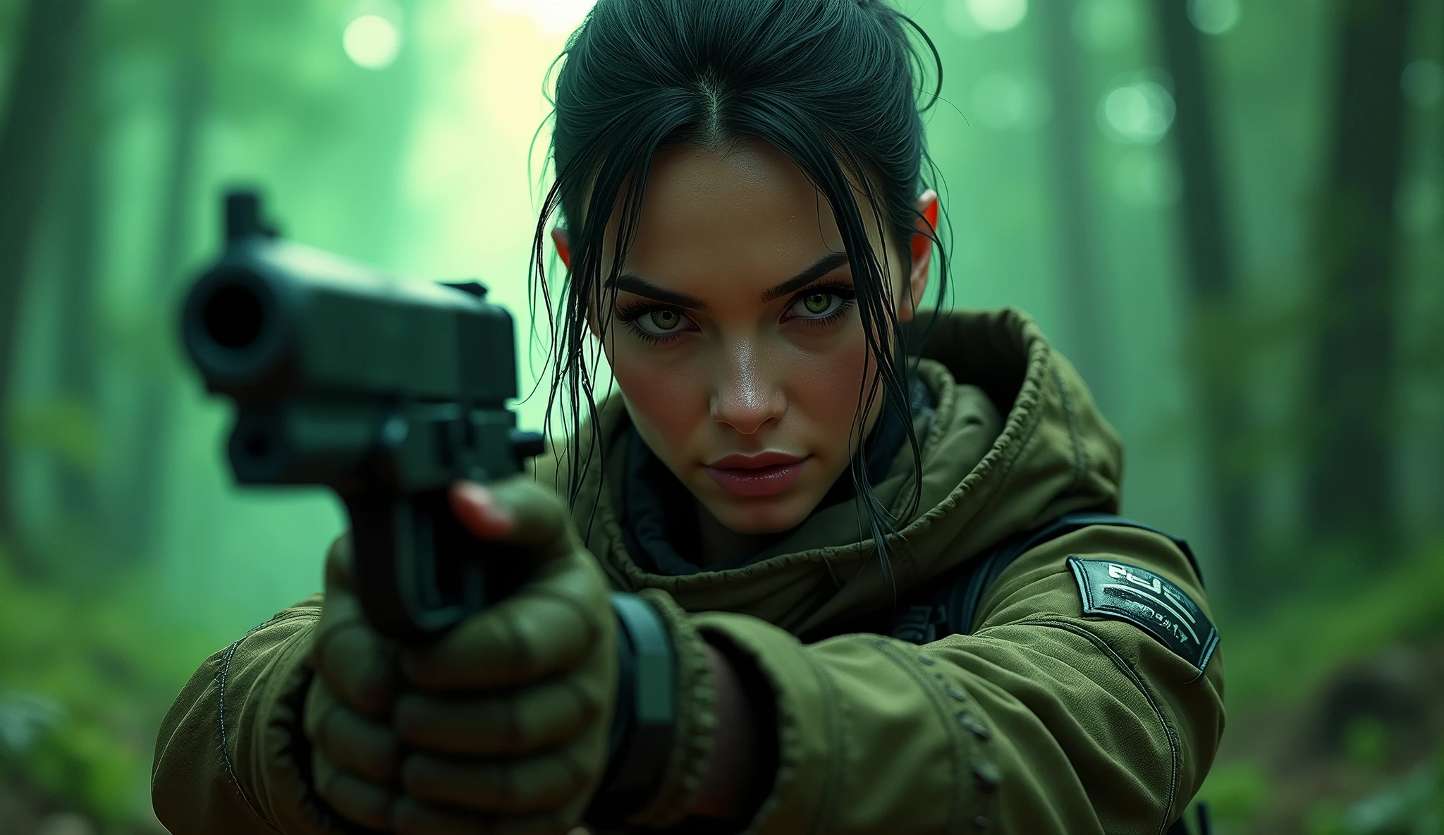 a female gaming character holding guns in both hands, beautiful detailed eyes, beautiful detailed lips, extremely detailed face and hair, longeyelashes, detailed tactical outfit, dynamic action pose, deep green lush forest, volumetric lighting, dramatic lighting, cinematic composition, (best quality,4k,8k,highres,masterpiece:1.2),ultra-detailed,(realistic,photorealistic,photo-realistic:1.37),cinematic,concept art