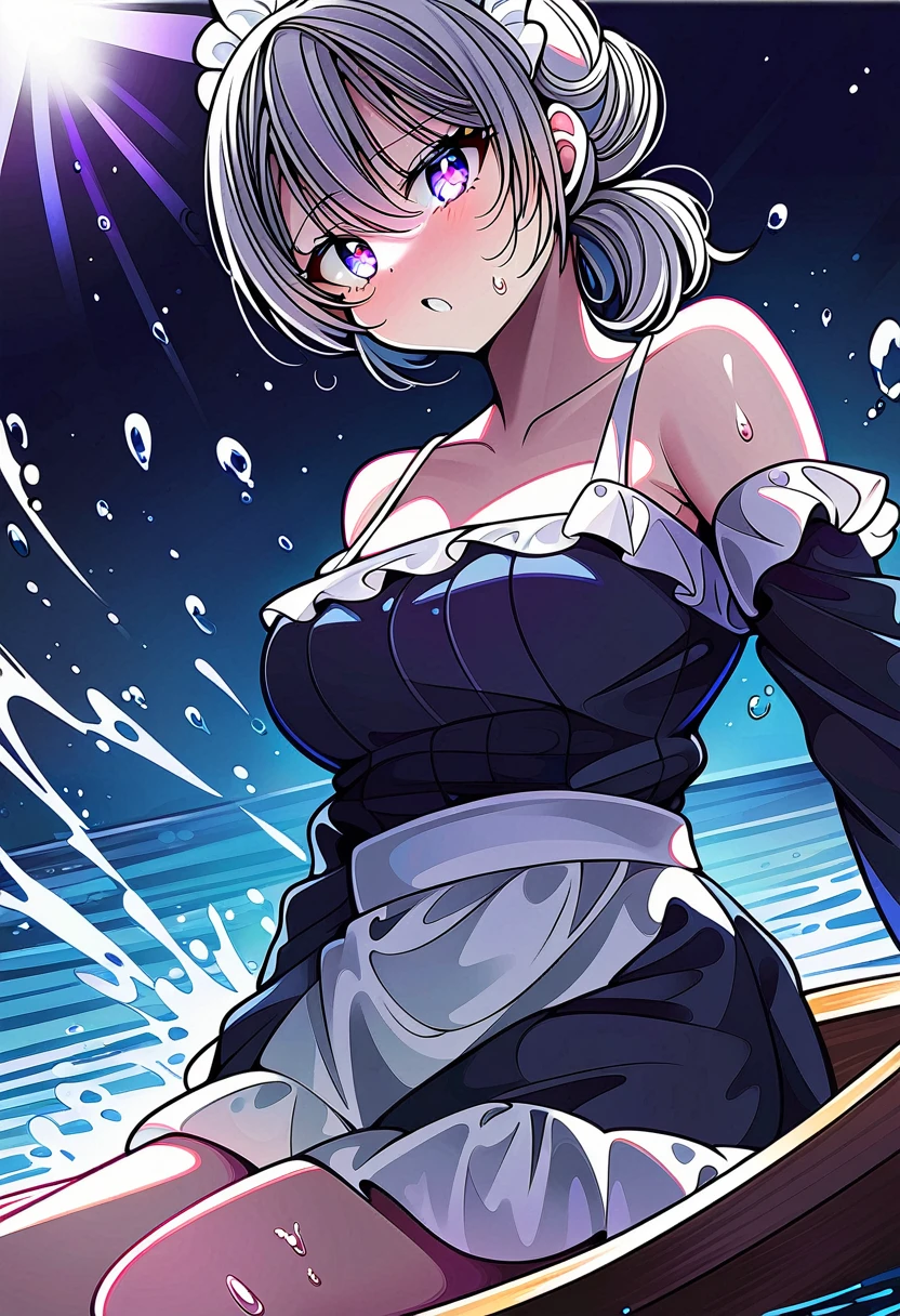 (8k, Highest quality, masterpiece: 1.2), Ultra-high resolution, 1 person, solo, Color changing eyes, Ultra-detailed, Expressive eyes, Highly detailed face, Long sleeve, ribbon, Navy dress, White apron, Navy blue maid outfit, Random Hairstyles、Silver gay hair, Rowboat、lake、sunlight, clavicle, Soaking wet, Ecstatic expression, Sparkling、splash, Overall image, Small boat, Date