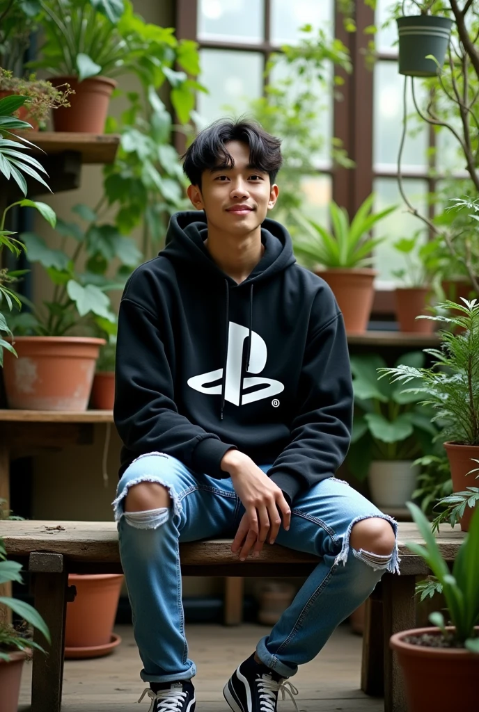 The image depicts a 28-year-old Asian sitting on a wooden bench in a room filled with various plants. The person is wearing a black hoodie with the logo ((PlayStation)) on the front,riped blue jeans, and black white sneakers.facing the viewer with the surrounding area green with many potted plants placed on the shelves and floor, creating a calm indoor garden atmosphere.