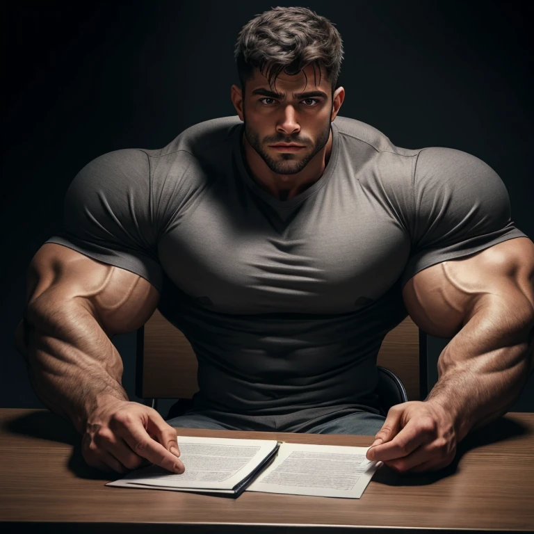 a handsome man, big eyes, gray shirt, exaggeratedly muscular, sitting in front of an interrogation table, against a black background