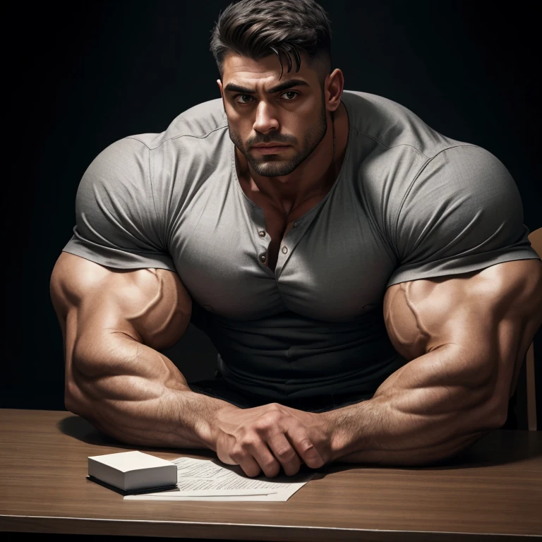 a handsome man, big eyes, gray shirt, exaggeratedly muscular, sitting in front of an interrogation table, against a black background