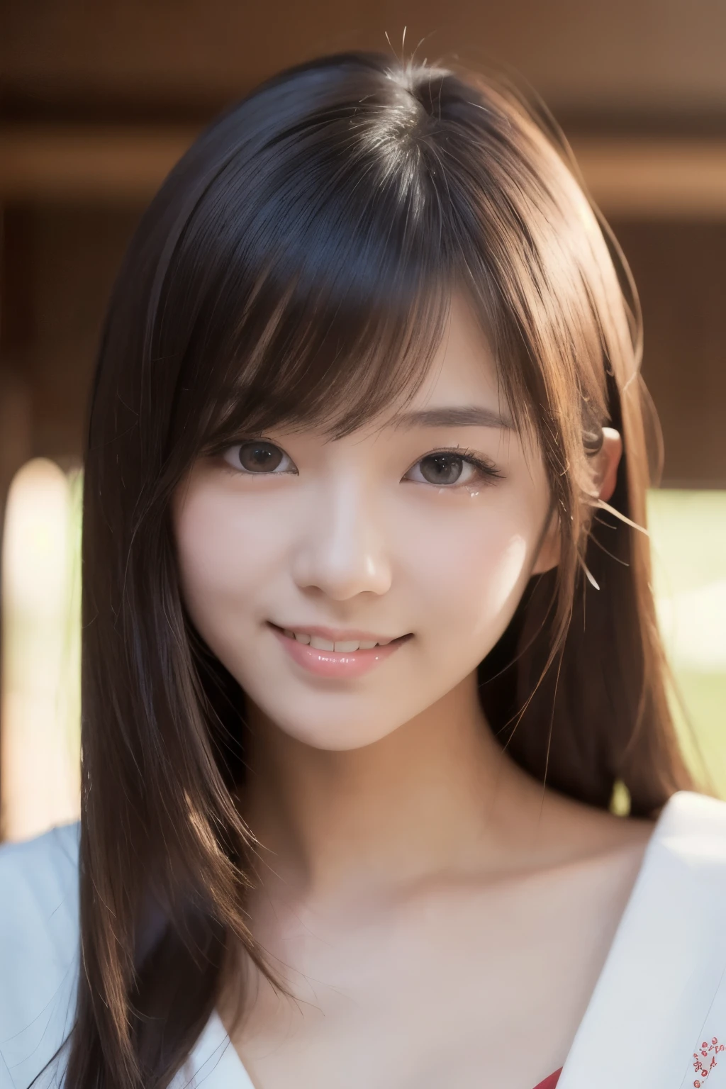 best quality, face focus, soft light, ultra high res, (photorealistic:1.4), RAW photo,(Shinozaki Ai), white skin, kawaii, 1 Japanese girl, solo, cute, (smile), (pupil, lights in the eyes), detailed beautiful face, Medium-sized breasts,(high resolution detail of human skin texture),(long hair),(portrait), upper body, white traditional kimono