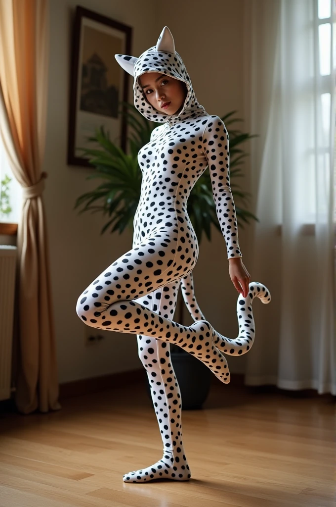 A most beautiful and thin 32 years old chinese contortion girl wearing a glasses wears white leopard Lycra footed turtleneck unitard catsuit covered with seamless black leopard paterns with a leopard tail.She always wear Lycra dancewear hijab-like hood with ears.She has beautiful cheeks on her face.She is take part for contortion performance.She performs contortion in the house.She is my pet animal but looks like a pet animal.