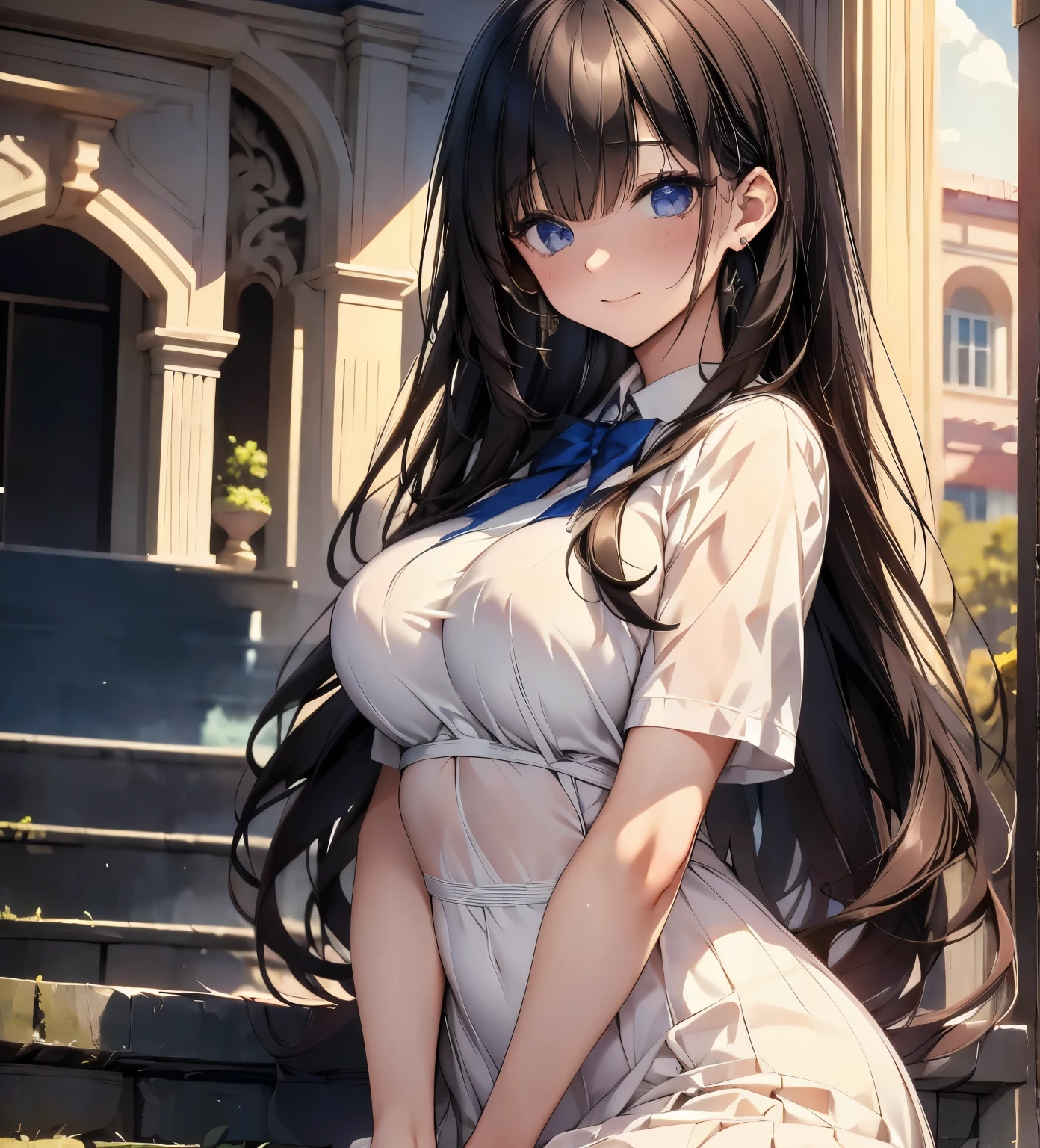(Masterpiece)、1girl、Long Black Hair,Fair skin、Long eyelashes,Classical blue-toned fashion、boots,European Castles、