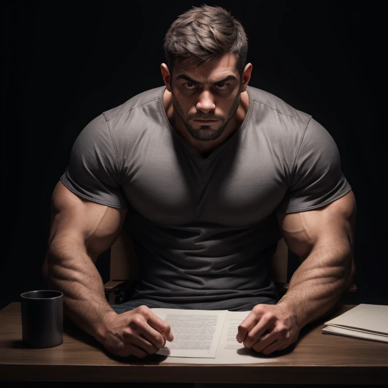 a handsome man, big eyes, gray shirt, exaggeratedly muscular, sitting in front of an interrogation table, against a black background