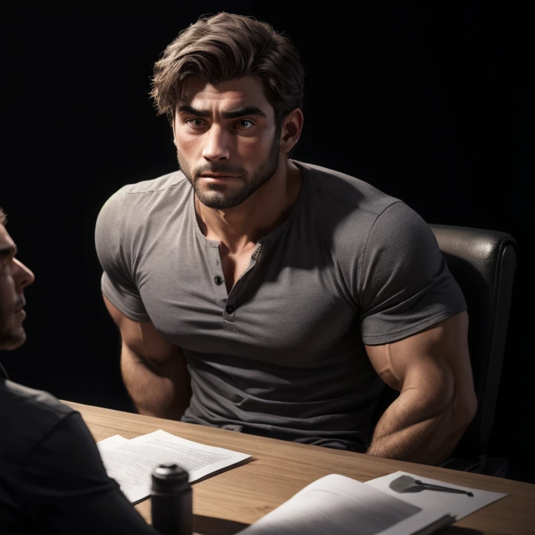 a handsome man, big eyes, gray shirt, exaggeratedly muscular, sitting in front of an interrogation table, against a black background