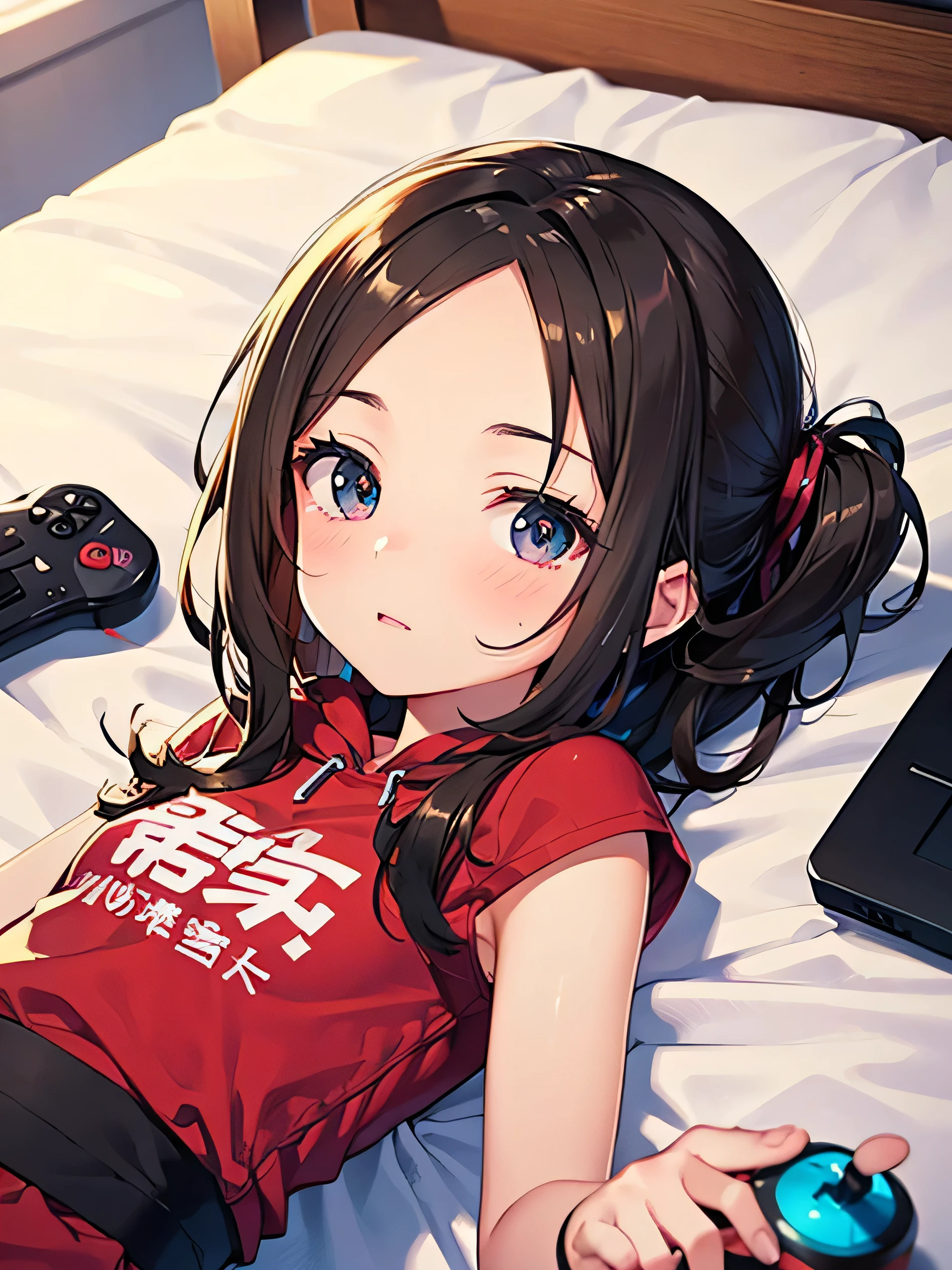 ((masterpiece,best quality;1.3,best illustration)),cowboy shot, A photo composition that views the subject from a low angle, 1 woman、17-year-old beautiful girl、solo,((very small head:1.5)),dark brown hair,Various hairstyles,forehead,Different eye colors,colorful eyes,blush,((solid body,slim body,thin)),glowing skin,glowing skin,oily skin, Comfortable T-shirt、A pretty girl rolling around on the bed, A pretty girl playing a video game on the bed, Anime girl lying face down on bed touching game console joystick, Knitted Girl, hikikomori girl, Moe high school girl, Hoody zip-up, (Sometimes they don&#39;t wear tops or bottoms), white tight t-shirt, socks