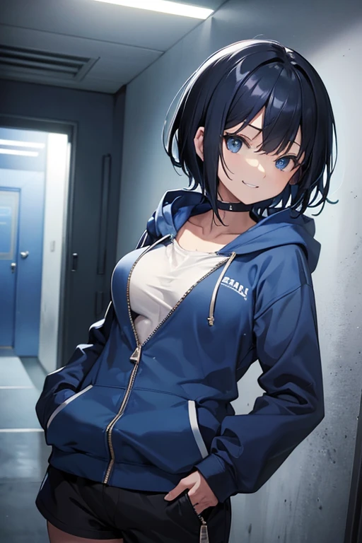 Blue hoodie、short hair、Zip-up、cool、Put your hands in your pockets、Put on the hood、Grinning face、Black Hair、The final corridor、Black shorts、Mysterious corridor、The sunlight shines in、Big Breasts