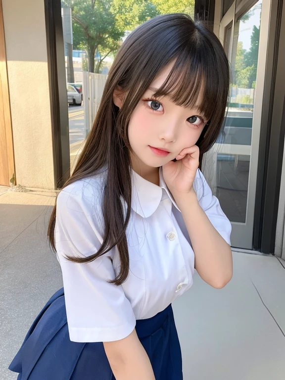 9 years old, elementary school students, full body, best quality:1.4, 8K, (Extremely detailed eyes:1.3, Extremely detailed face), very cute face, white shirt, school uniform, musume san, long hair, bangs, 1 girl,  big breast, Underboob, outdoor, open mouth,