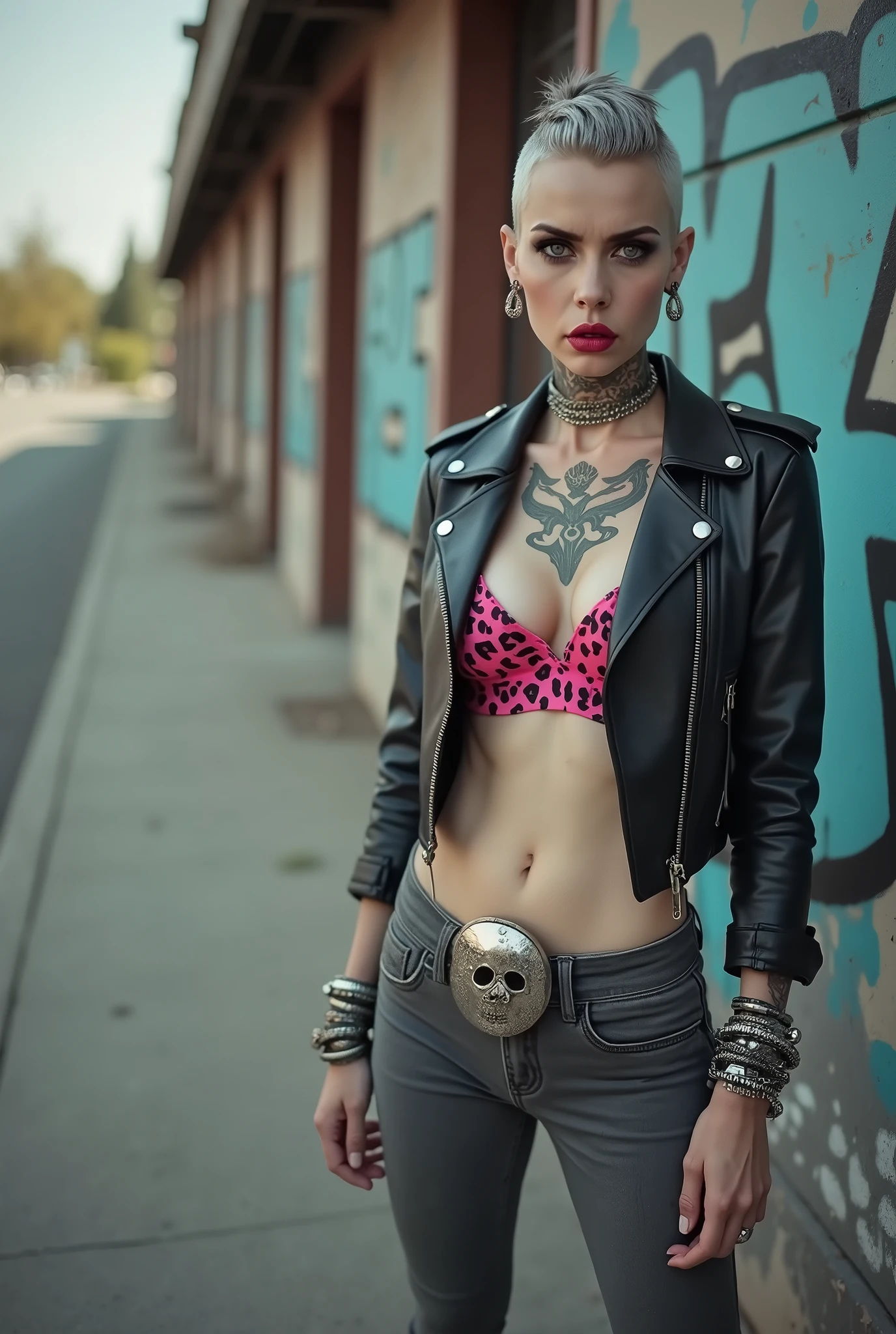 russian old milf woman, biker gang member, short grey combed back with a lot of hair gel, with very light blue eyes, extremely pale, heavy eye shadows. Thin. Sad, humbled face, smeared excessive make up and smeared excessive dark red lipstick Wearing cropped black moto jacket, neon pink leopard print bra, skinny black jeans and white tennis sneakers. Lots of metallic bracelets. Visible thong straps .Big pentacle pendant. Tacky wide belt with massive skull and bones buckle . Demonic tattoos, on belly too. Piercing in belly button. Lots of rings and ethnic bracelets. Wide loop earrings. Looks at the camera with pouty expression. Toned six pack abs, long neck, thin arms and legs. Shoulders leaning on wall, separated legs