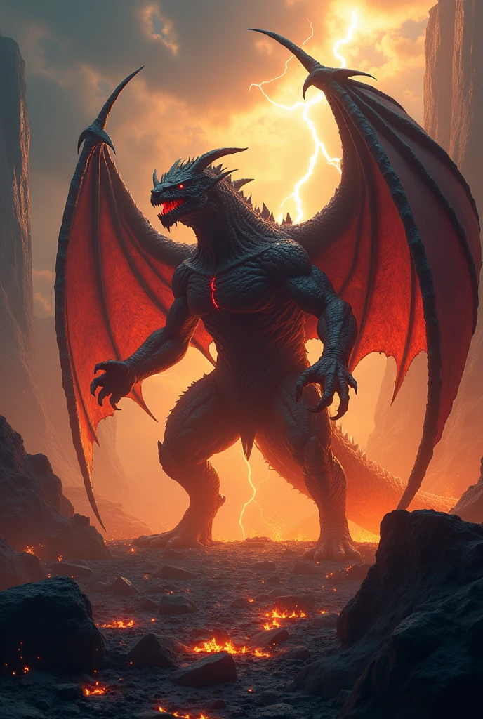 A highly detailed, realistic 3D-rendered depiction of Maruo reimagined as a formidable and fantastical monster. The creature embodies a blend of monstrous features and imposing presence, combining both humanoid and mythical elements in a striking design.

**Creature Description:**

- **Body:** Maruo’s monster form is a towering, muscular figure, covered in dark, rugged skin that resembles a mix of rocky armor and scales. The texture of the skin is uneven and jagged, with veins of glowing, molten lava running through it, giving the creature an otherworldly, fiery aura.

- **Head:** The head is a dramatic transformation, with sharp, angular features and glowing, feral eyes that shift in color from deep red to intense orange. The face is framed by large, menacing horns that curve back like a ram’s, with intricate patterns etched into their surfaces. The mouth is filled with rows of razor-sharp teeth, and a low, rumbling growl emanates from deep within.

- **Limbs:** The arms and legs are powerful and elongated, ending in massive, clawed hands and feet. The claws are made of a metallic, obsidian-like material that looks both indestructible and deadly. The joints are reinforced with additional layers of rocky armor, enhancing the creature’s strength and durability.

- **Back:** From the creature’s back, a set of large, tattered wings unfurls, resembling bat wings but with a rugged, armored texture. The wings are partially torn and worn, adding to the monster's ancient and battle-hardened appearance. They emit a faint, eerie glow when spread, casting long shadows across the ground.

- **Tail:** The creature has a long, thick tail, ending in a spiked, mace-like tip. The tail is covered in jagged, armor-like plates and can be swung with great force, making it a formidable weapon.

**Background:**

The scene is set in a dramatic, otherworldly landscape, with a desolate, volcanic terrain. The ground is cracked and scorched, with lava flows and geysers of steam adding to the a
