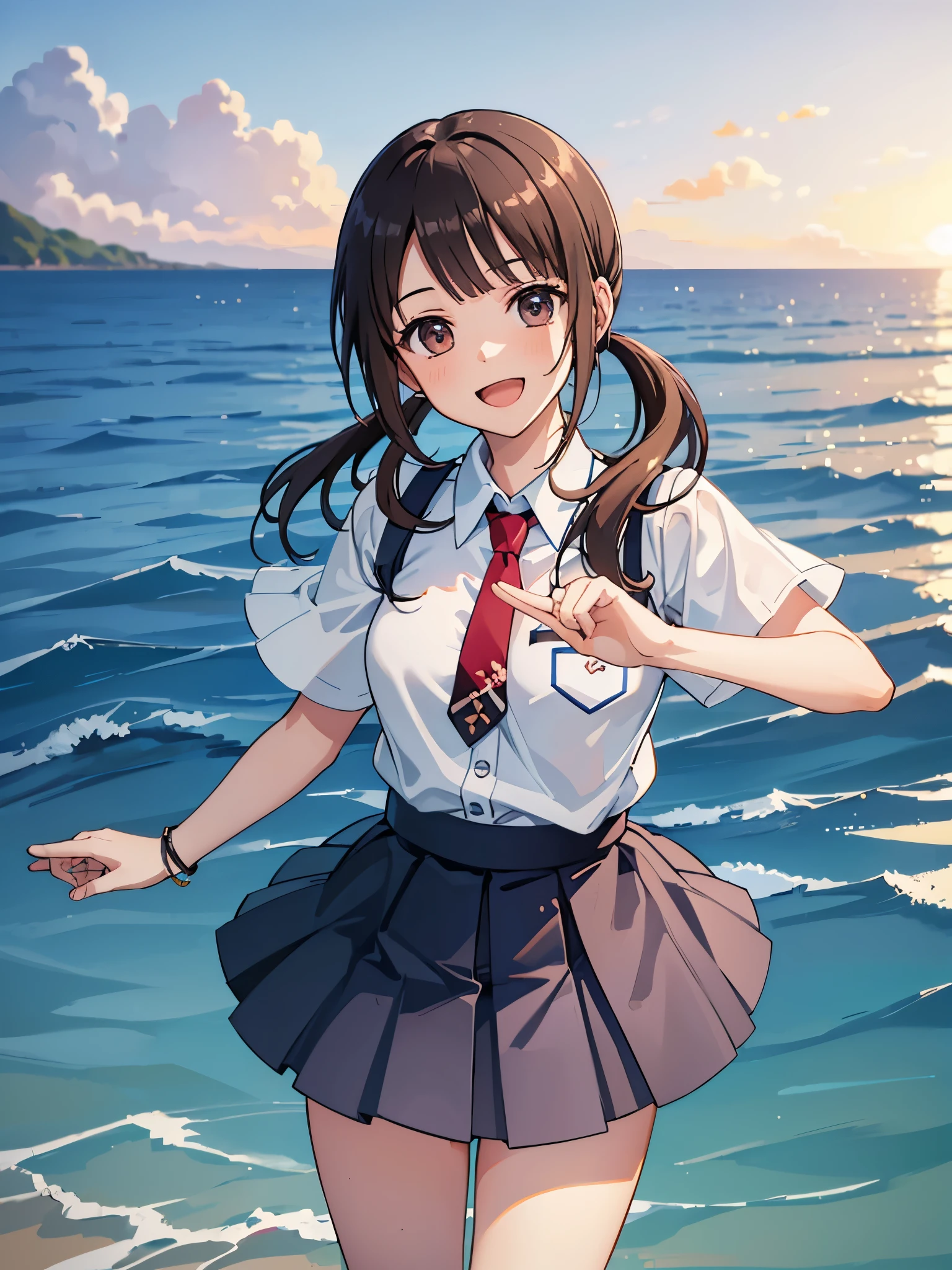 ((Highest quality,masterpiece)),(16K,Ultra-high resolution,Super detailed)1girl, 独奏,open mouth,happy smile,okitasawa, Low twintails that reach down to the shoulders,white shirt, short sleeves, red necktie, blue skirt,The Japanese summer coast in the evening,Highly detailed facial features, Beautiful and perfect face, Perfect Eyes,walking on water,Splashing water effects,A clear, beautiful sea,A vibrant sunset,Anatomically correct body,Perfect lighting,Perfect Shadow,A face waiting for a kiss,Vibrant gradient background,