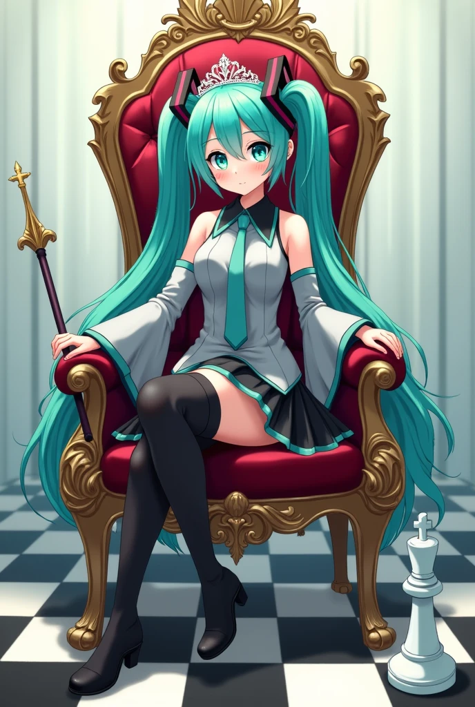 anime_art, anime_style, detailed_drawing, white_background, one_girl, high definition, high quality, thighhighs, straight_twintails, detached_sleeves, necktie, skirt, aqua_hair, transparent_background, aqua_eyes, zettai_ryouiki, full_body, grey_shirt, sleeves_shirt, collared_shirt, pleated_skirt, black_skirt, black_thighhighs, closed_mouth, boots, wearing_a_crown, headphones, hair_ornament, five_fingers, holding_a_long_Sceptre, she_sits_on_the_throne, the_throne_is_set_on_a_chessboard, on_the_right_there_is_white_king_chess_(cross_on_top_of_it)