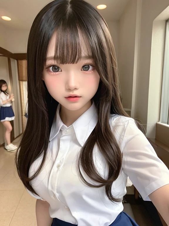 9 years old, elementary school students, full body, best quality:1.6, 8K, (Extremely detailed eyes:1.3, Extremely detailed face:1.3), very cute face, white shirt, school uniform, musume san, long hair, bangs, 1 girl,  big breast, Underboob, outdoor, open mouth,