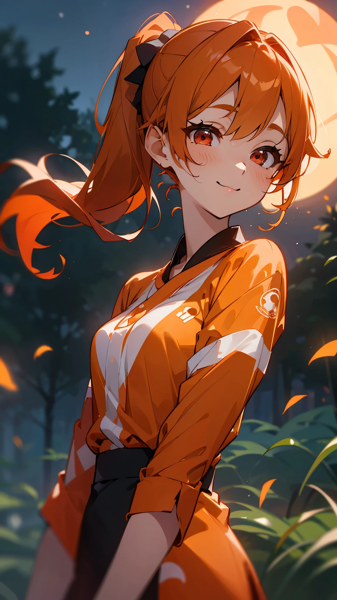 ****ung Woman、solo、Orange blouse shirt、Orange Hair、Side Ponytail、Beautiful red eyes、A gentle gaze、smile、Upper body close-up、Shrimp mascot、Delicate contours、Park under the moonlight、Background Blur