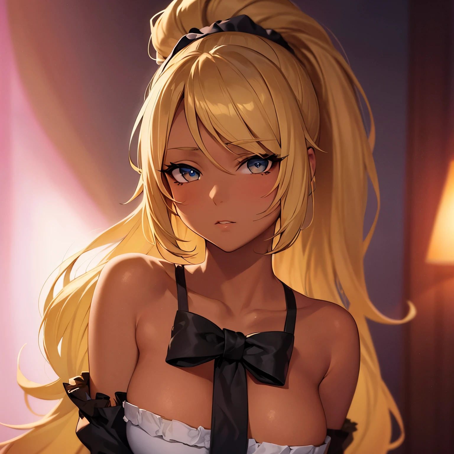 Beautiful blonde girl with high ponytail. It has a passionate and mature atmosphere. Esmeralda gypsy costume. Ribbon scrunchie. Draw the character in front. It has a s*xy and cool atmosphere. Attractive brown skin. face Portrait. gypcy girl. lightly tanned skin. Passion portrait. Solo. Passion.