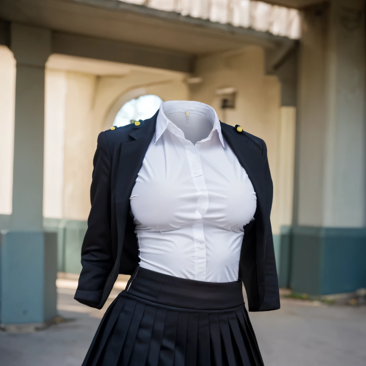(invisible, no humans, headless, handless, faceless:1.5),cute big breasts, dynamic angle, arched back, white shirt, pleated skirt, striped necktie, collared shirt, black jacket, black skirt, long sleeves, school uniform, black socks, sarashina ruka, (close-up to breasts:1.5), best quality, high resolution, (8k, RAW photo, best quality, masterpiece:1.2), (realistic, photo-realistic:1.37), photon mapping, radiosity, ((Hasselblad photography)), physically-based rendering