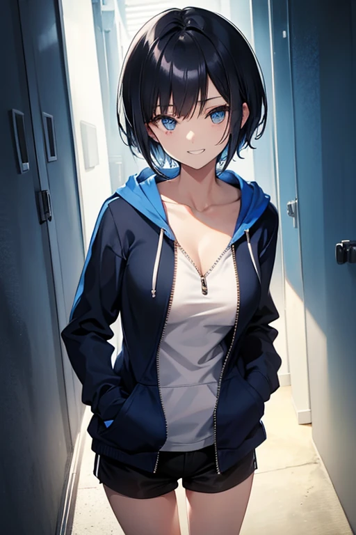 Blue hoodie、short hair、Zip-up、cool、Put your hands in your pockets、Put on the hood、Grinning face、Black Hair、The final corridor、Black shorts、Mysterious corridor、The sunlight shines in、Big Breasts、No bra、Milk rush、