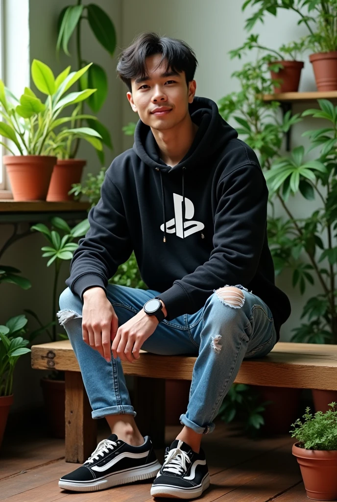The image depicts a 28-year-old Asian sitting on a wooden bench in a room filled with various plants. The person is wearing a black hoodie with the logo ((PlayStation)) on the front, riped blue jeans, and black white sneakers,wearing smartwatch galaxy.facing the viewer with the surrounding area green with many potted plants placed on the shelves and floor, creating a calm indoor garden atmosphere.