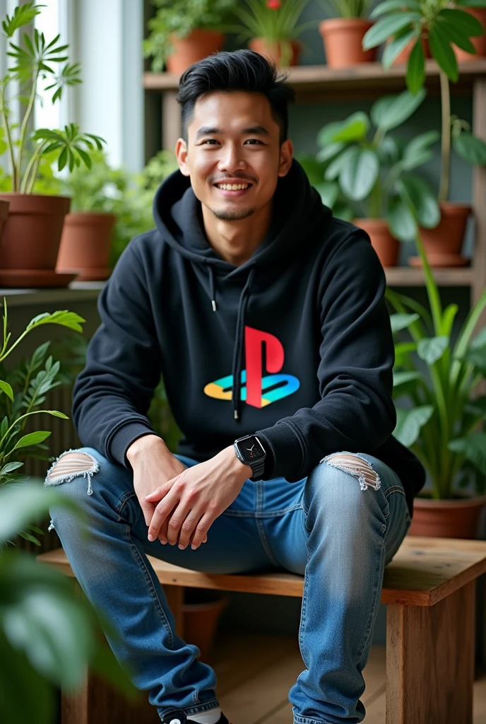 The image depicts a 28-year-old Asian sitting on a wooden bench in a room filled with various plants. The person is wearing a black hoodie with the logo ((PlayStation)) on the front, riped blue jeans, and black white sneakers,wearing smartwatch galaxy.facing the viewer with the surrounding area green with many potted plants placed on the shelves and floor, creating a calm indoor garden atmosphere.