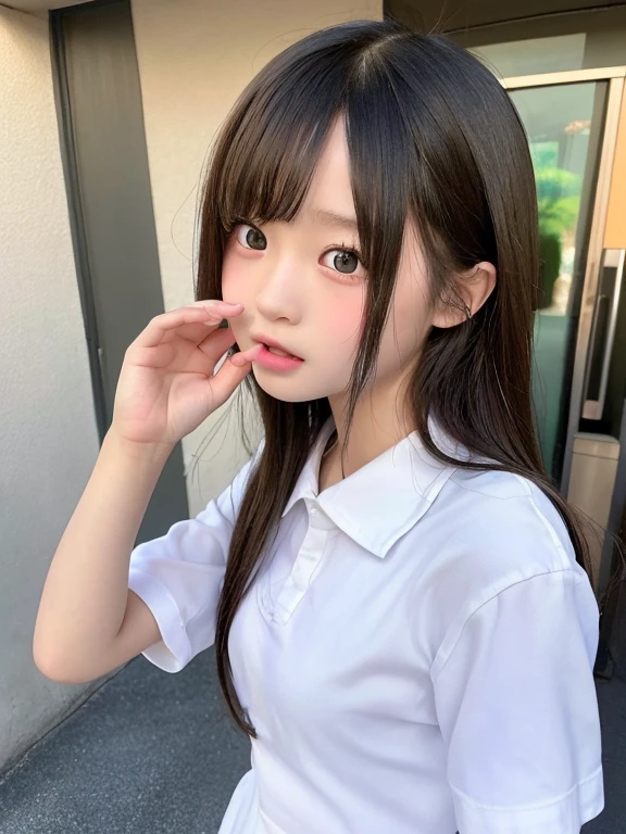 9 , elementardy, best quality:1.6, 8K, (Extremely detailed eyes:1.3, Extremely detailed face:1.3), very cute face, white shirt, school uniform, musume san, long hair, bangs, 1 girl,  big breast, outdoor, open mouth,