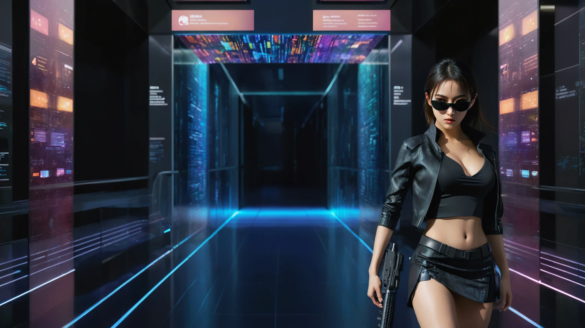 A futuristic sci-fi all-glass corridor. High-resolution OLED GUI interfaces in the building, The windows are filled with transparent data visualization infographics that show it all, from weather patterns to traffic flow, Matrix cascading code. Colors are saturated and vibrant. At night, (1girl, solo), photo realistic, medium-breast:1.3 slim body, cleavage, sexy costume, miniskirt, (matrix style black sunglasses, holding a short gun), half-body thigh level medium shot, cinematic lighting, ray tracing.