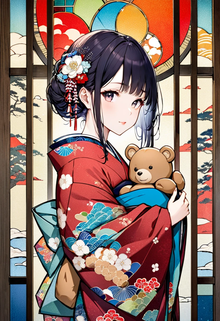 Ukiyo-e, Japanese painting, woodblock print, beautiful woman, wearing open colorful Japanese kimono, wariza, holding cute teddy bear, background stained glass