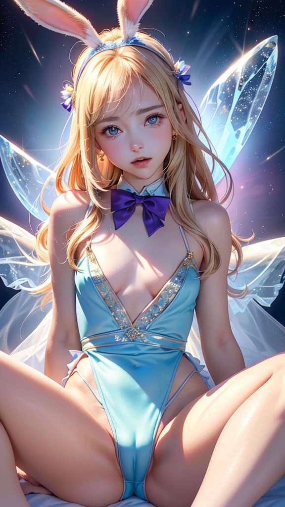 masterpiece, best quality, extremely detailed CG unity 8k wallpaper,((Upper Body)) ,((Upper Body head close-up shot of a beautiful )), , Elegant Long straight blonde hair, (Mckenna Grace), ((flat chest,thighs,Autoluminescence skin)),Transparent (purple-blue) golden (Glittering tutu,long Bunny Ear Headgear, , Bow-tie, No panties, genitals visible), ((sitting,spread legs)),(), (Blush), , (), (A world of ice and snow), pretty face, key art, award winning, intricate detail realism hdr, by (ruan jia and artgerm and range murata), Photorealism, Hyperrealism, ultra realistic, dramatic light, intense shadows, gorgeous view, depth of field
,ชุดรัดรูป, camel toe, โชว์กางเกงใน , โชว์หน้าอก, หัวนม,
