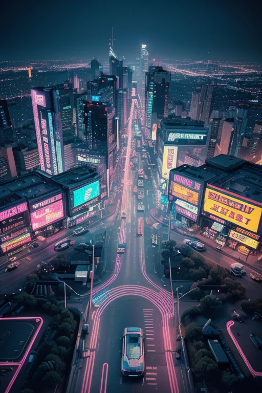 ((view from above: 1.3, cyberpunk: 1.2, street: 1.1), 2D game style, pixelart style, transparency, Powerful colors, Advertising Lights, Roads and cars are bustling, unique charm! )