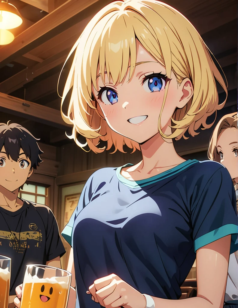 (anime artwork, anime style, studio anime, very detailed, up to date, vibrant, Anime Coloring, high contrast, masterpiece:1.2, best quality, best aesthetics),multiple girl,multiple boy,friend,drinking party,Japanese pub , Medium chest,random hair, perfect proportions, high detail skin, Cute, detailed faces, sit,happy smile, table chair,holding beer mug