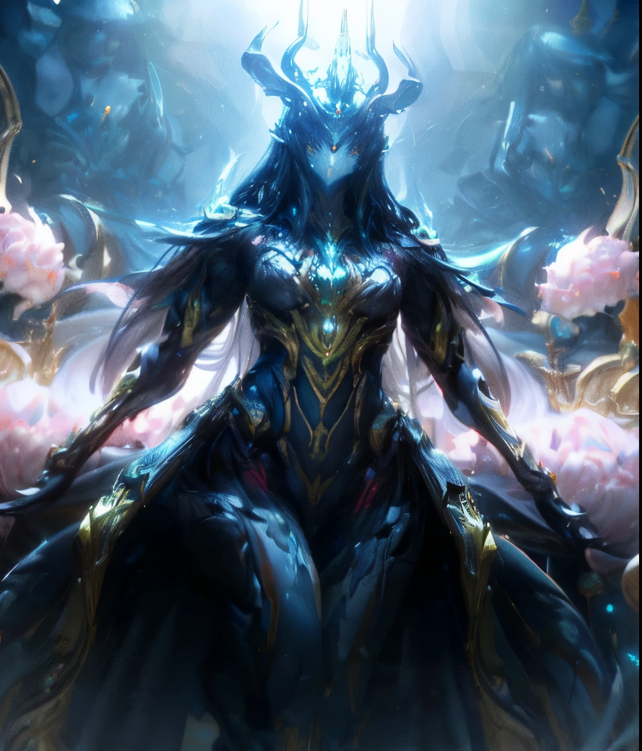 1 person, No Face, mysterious, mask, Unicorn horn, Glowing Eyes, Extreme detail, Silvery metallic luster, Dynamic Angle, Detailed light, dramatic_Shadow, Ray_trace, reflection,born, Cinematic shots, (Sharp focus:1.5), (Realistic:1.2), dusk lighting, Volumetric lighting, Ultra-high resolution, 16K,dramatic lighting,1girl、Long Black Hair,Fair skin、Long eyelashes,Classical blue-toned fashion、boots,European Castles、