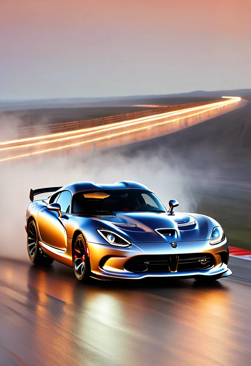Dodge Viper SRT GTS coupe 2015, Silver metallic, the way the air intakes are photographed makes them look cool, it's impressive, the highway at dawn, the orange light is dazzling in the backlight, the shadows are deep, the gradation of the dawn sky is beautiful, professional lighting, professional camera.