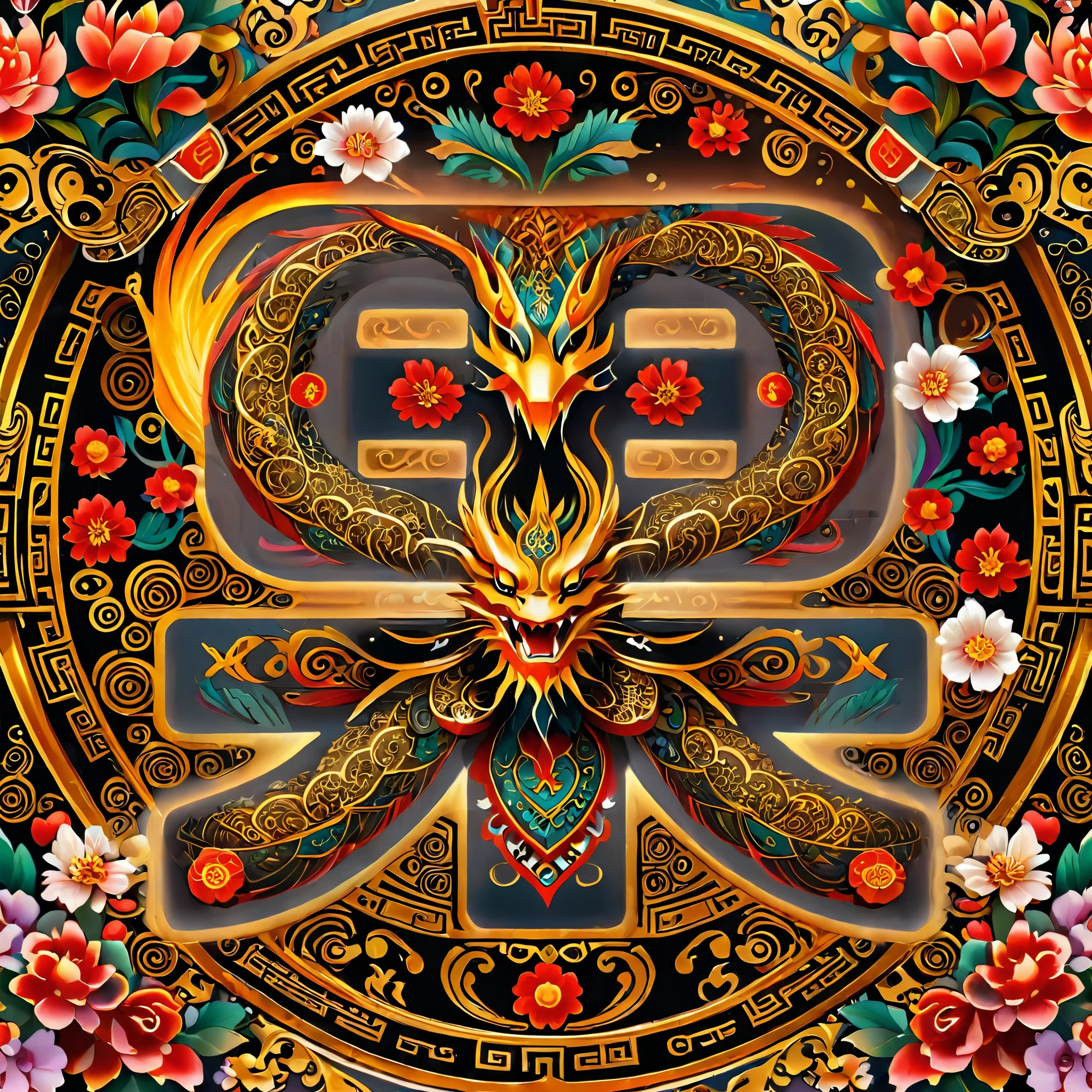 Tattoo design，dragon，Phoenix，totem，Flowers，Chinese Pattern，Rich details