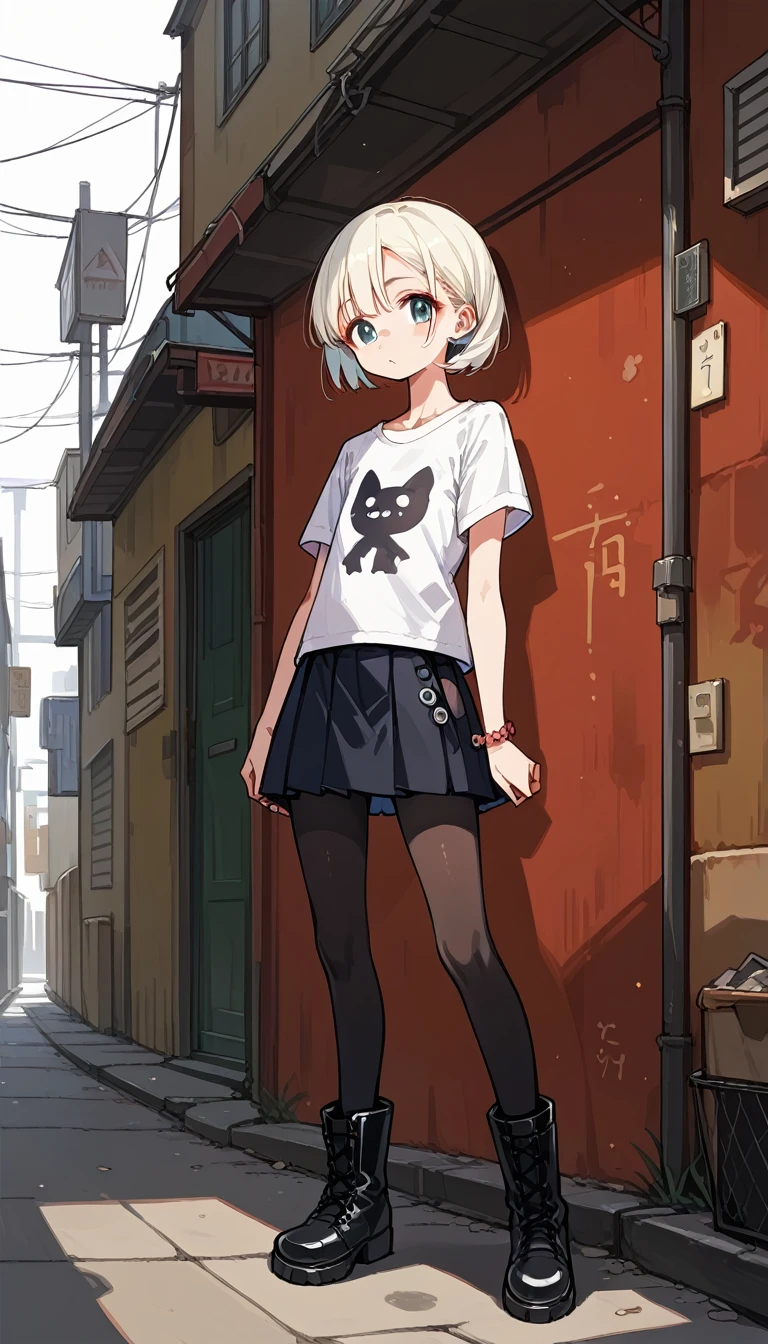 1girl, solo, Alley, standing, 壁に持たれて立つ, smoking in one's mouth, Lazy expression, V-neck T-shirts, mini skirt, zettairyouiki, flat chest, black pantyhose, white lace-up boots, ((looking out)), aidxlv05_neg