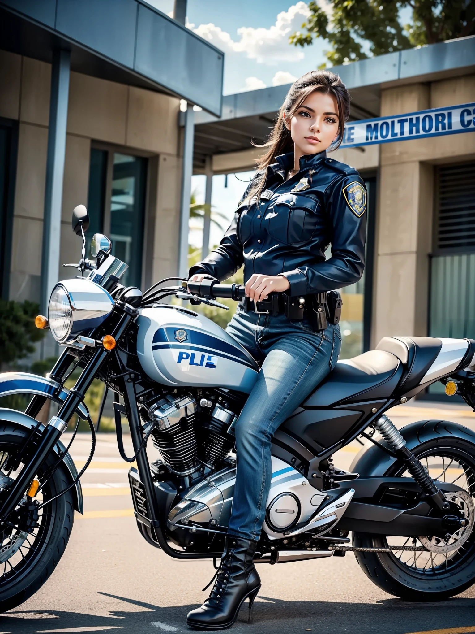 A beautiful female police officer astride a motorcycle