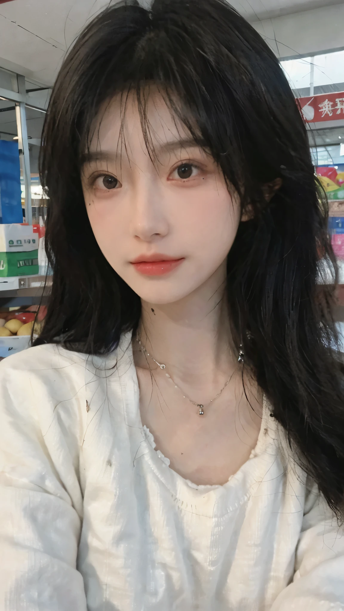 Best quality，Ultra-high resolution,(Realism:1.4)，Cute hairpins，girll,Cropped black sweater，Look directly at the audience，Full of atmosphere，Beautiful woman with a slim figure:1.4，supermarket，whole body，Super delicate face，Exquisite eyes，Double eyelids，necklace