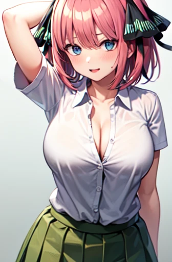 masterpiece, Highest quality, High resolution, Nakano Nino, One person, alone, Pink Hair, short hair, Big Breasts, Butterfly Hair Ornament, Large Breasts, Cleavage, Green Skirt, White shirt, Collared shirt, Open clothes, Black knee socks, Short sleeve, Skirt Lift, View your viewers, Irritation, blush, whole body, Are standing, Simple Background, Put your arms behind your head, (Sexy pose:1.4)