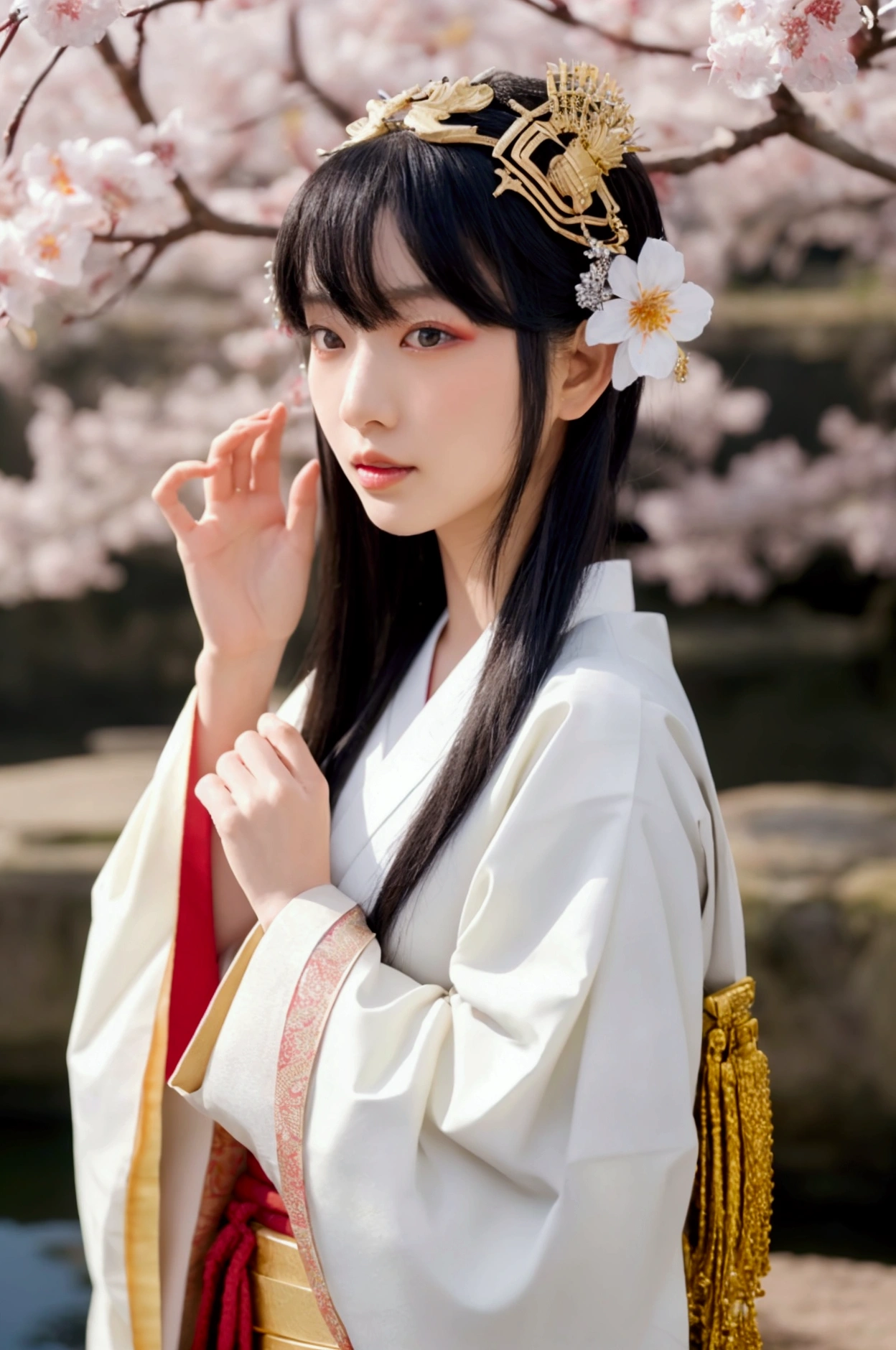 A highly detailed image of Himiko, the legendary queen of ancient Japan, depicted with strong Japanese cultural elements. She is dressed in traditional Japanese priestess attire, featuring flowing white robes with red and gold accents, reminiscent of the attire worn during the Yayoi period. Her long black hair is elegantly styled and adorned with a golden crown and traditional kanzashi hairpins. She holds a sacred mirror, symbolizing her divine connection. The background is a serene Japanese landscape with mist-covered mountains, ancient torii gates, and cherry blossom trees in bloom. The scene captures the mystical and tranquil atmosphere of ancient Japan, with soft lighting that enhances the natural beauty and spiritual aura of the setting.
