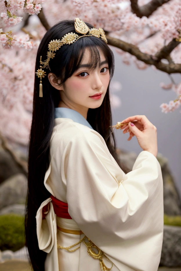 A highly detailed image of Himiko, the legendary queen of ancient Japan, depicted with strong Japanese cultural elements. She is dressed in traditional Japanese priestess attire, featuring flowing white robes with red and gold accents, reminiscent of the attire worn during the Yayoi period. Her long black hair is elegantly styled and adorned with a golden crown and traditional kanzashi hairpins. She holds a sacred mirror, symbolizing her divine connection. The background is a serene Japanese landscape with mist-covered mountains, ancient torii gates, and cherry blossom trees in bloom. The scene captures the mystical and tranquil atmosphere of ancient Japan, with soft lighting that enhances the natural beauty and spiritual aura of the setting.